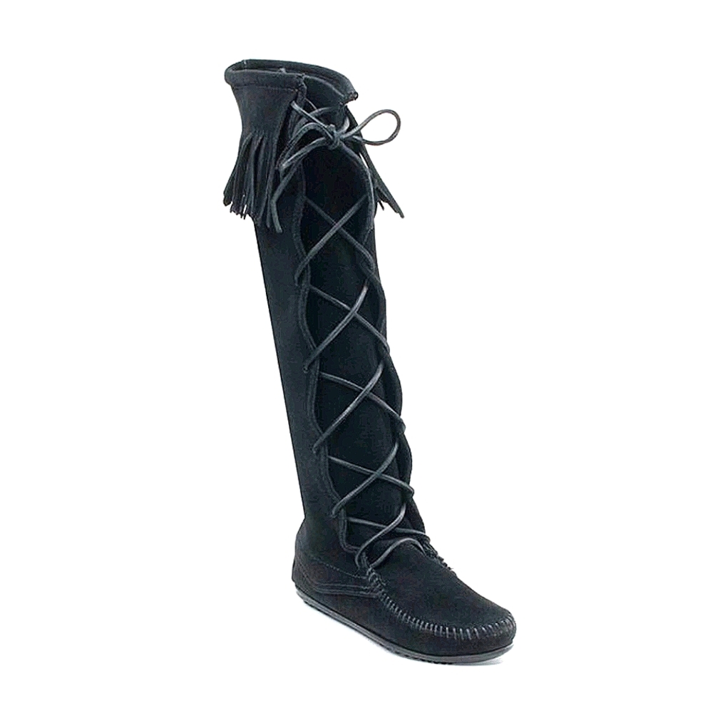 New! Minnetonka Knee-High Fringe Boot Black 8